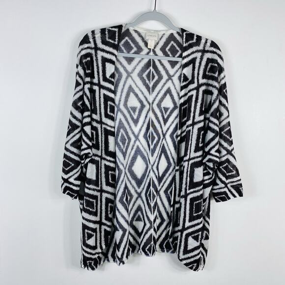 Chico's Size Large 12 2 Modern Diamond Mona Open Cardigan Sweater Brown White - Picture 1 of 5